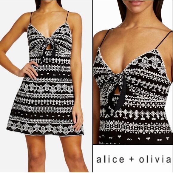 NWT Alice + Olivia Roe Embroidered Tie-Front Mini Dress Black Off-White Size 4 - Picture 1 of 9